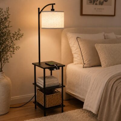 LuminexDesigns Lámpara de Pie Vintage con Estantes, Mesa Auxiliar de Madera...