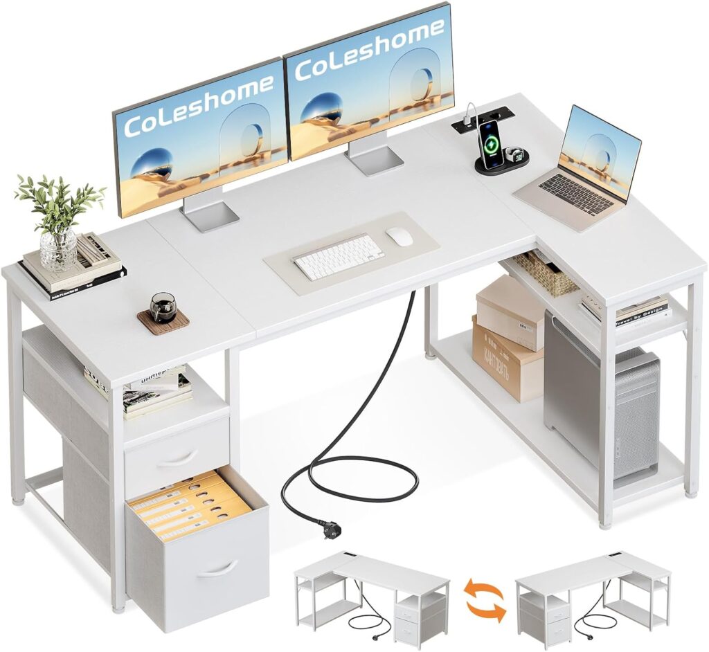 Coleshome Escritorio Esquinero con Cajones de Tela, 140x80cm...