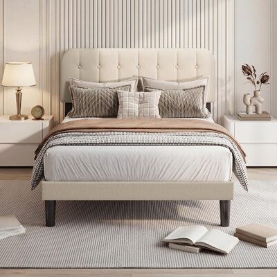 Cama Doble Tapizada de 120×200 cm, Cabecero Regulable en...